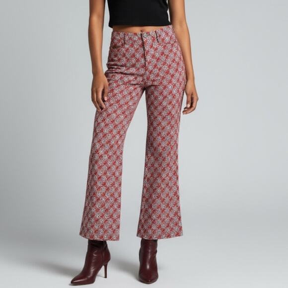 Vintage Red Geometric Aztec Inspired Print Flare Pant  Stretch Poly Retro W32" - Picture 9 of 9